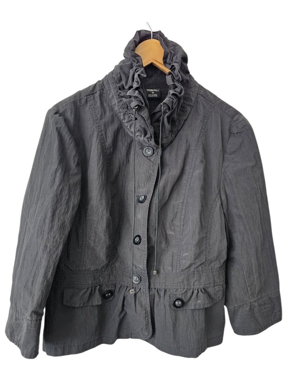 TRIBAL Charcoal Grey Ruffle Collar Button Up Utility Jacket Coat Size M